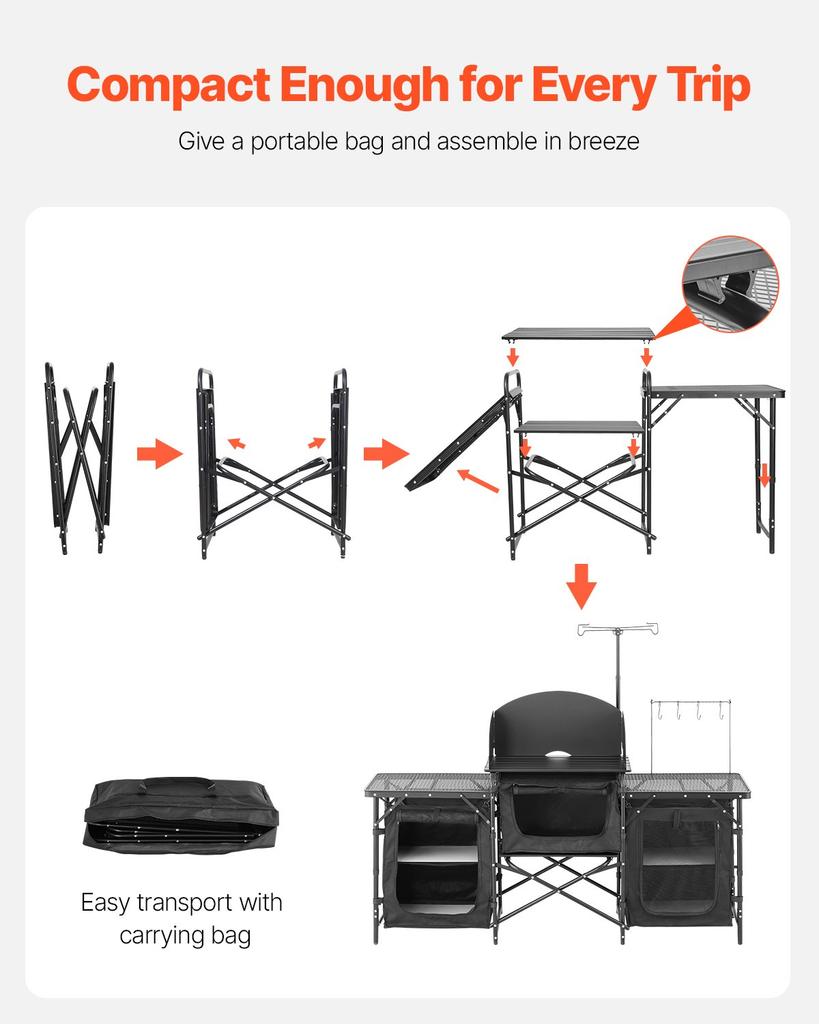 VEVOR Camping Kitchen Table, Outdoor Camp Cooking Table, Aluminum Portable Cook Station with 3 Storage Cupboard, Carrying Bag, Detachable Windscreen