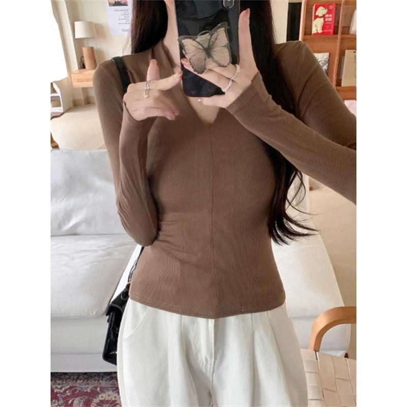 

Реальное фото воротник переднее плечо длинный рукав футболка женская осенняя новая облегающая базовая рубашка короткий топ футболка XL темно-коричневого