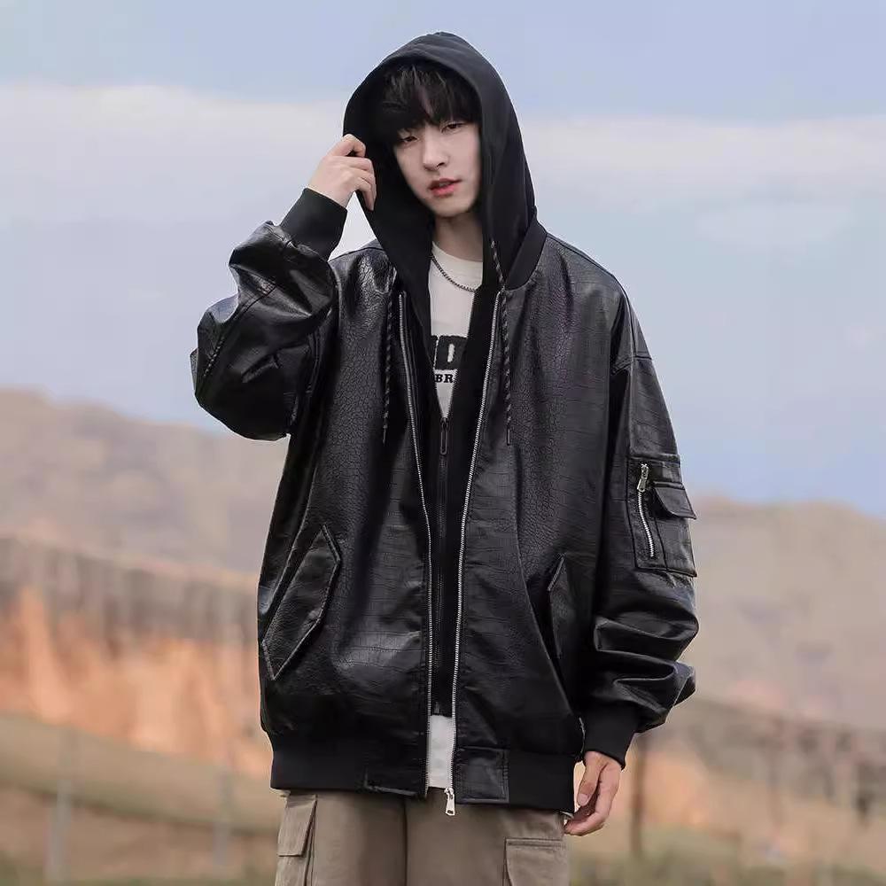 American High Street Pu Leather Jacket Men's Spring and Autumn Loose Teenager Handsome Hooded Jacket