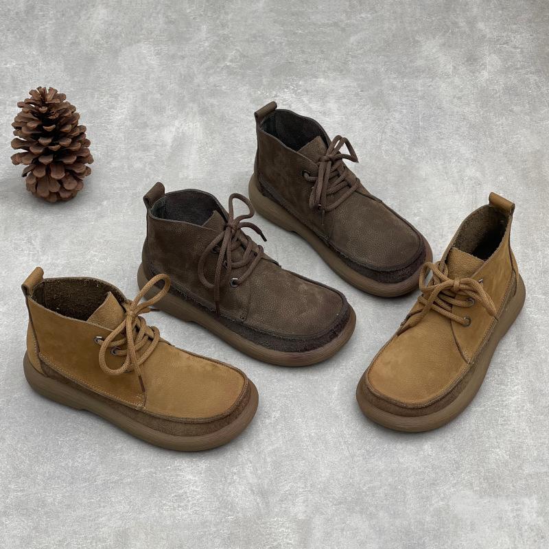 Women's Short Boots, Flat-bottomed Lace-up Round-toe Casual Soft Leather Cotton Shoes