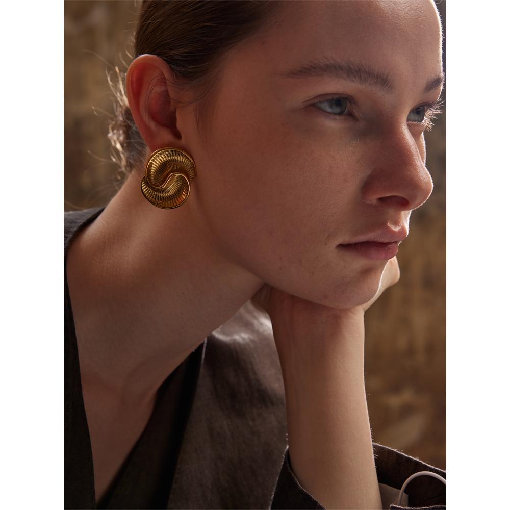 Yhpup 316L Stainless Steel Texture Waterproof Stud Earrings for Women Prevent Allergy Gold Color Creative Trending Jewelry Gift