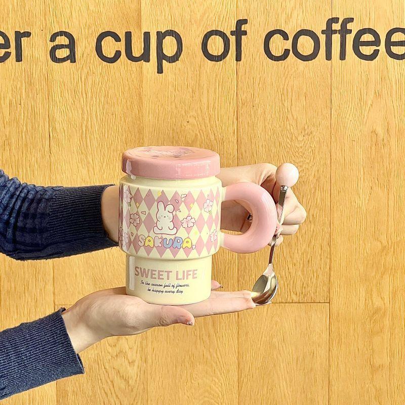 Cute Girl Cherry Blossom Rabbit Cup High-looking Ceramic Mug with Lid Spoon Office Breakfast Coffee Cup