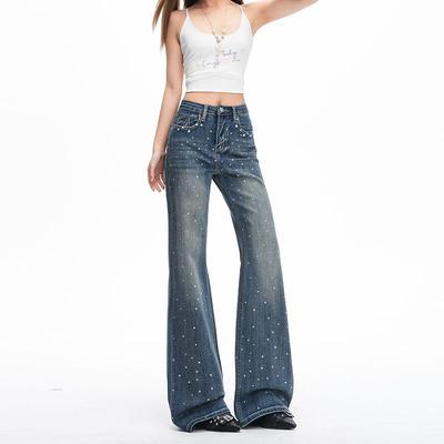 Spring Full Star Rhinestone Non Cling High Waist Floor Micro Flare Shiny Denim Pants For Women Casual Pants Oversize Denim Trousers