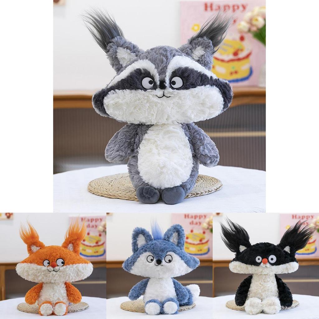 Plush Fox Wolf Cat Raccoon Doll With Soft Short Pile For Kids Bedroom Decor