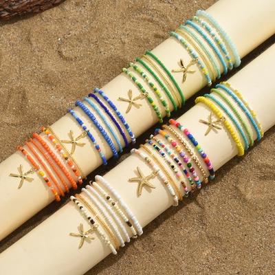 6pcs Stretch Holiday Starfish Multi-layer Anklet Multilayer Beach Jewelry
