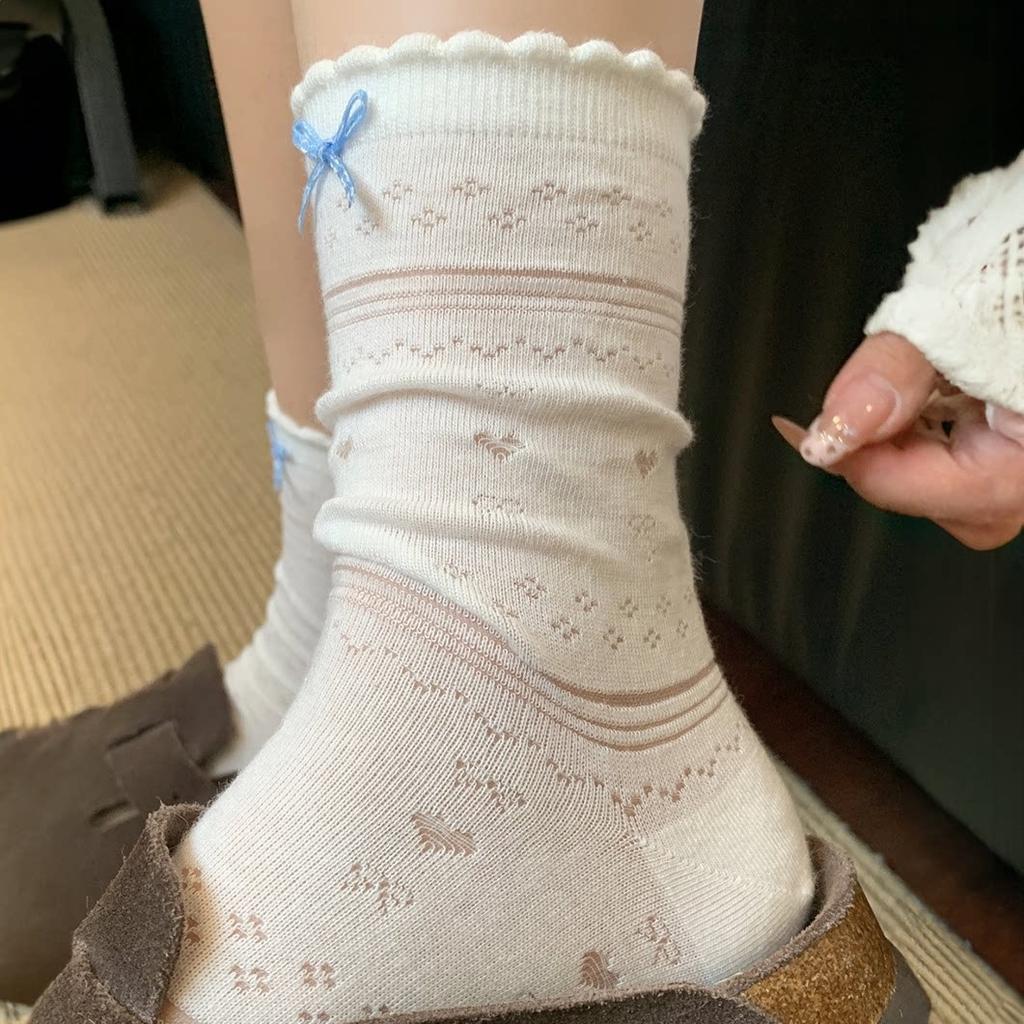 Ins Love Bow White Socks Women'S Summer Hollow Thin Transparent Tube Socks Ballet Style Boneless Pile Socks