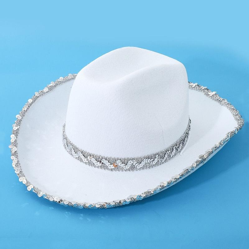 

Sequin Trim Cowboy Hat for Women Men, Western Felt Cowgirl Hat, Sparkly Party Hat for Halloween Rodeo Music Festival белый