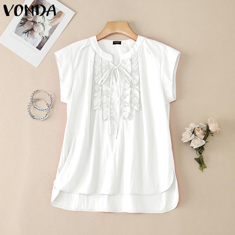 

VONDA Elegant Women Sleeveless Bow Knot Pleated High Low Hem Casual Tank Tops S белый