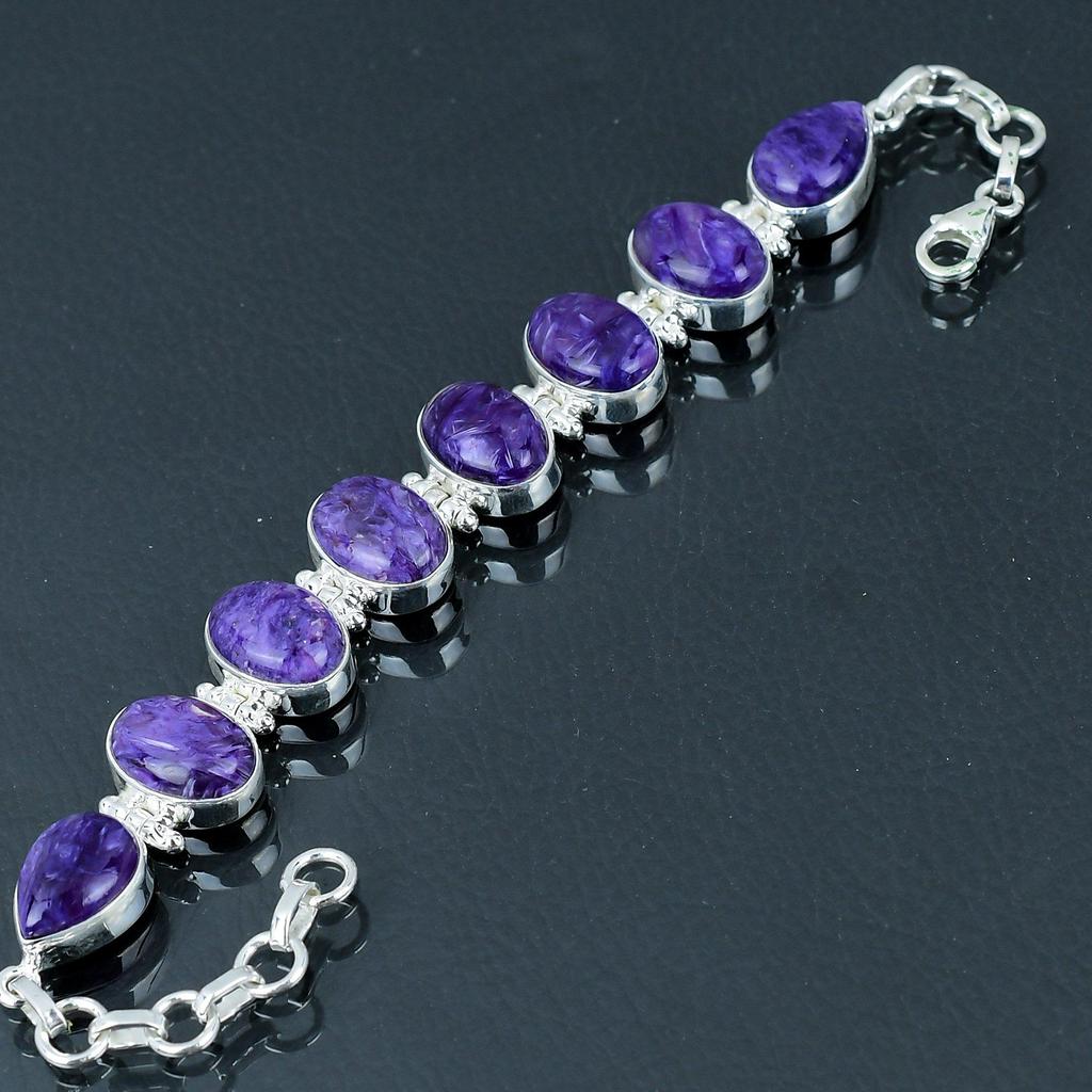 Natürliches Charoit-Edelstein-Armband, massives 925er Sterlingsilber, Gliederarmband, handgefertigtes Armband, Schmuckgeschenk zum Valentinstag