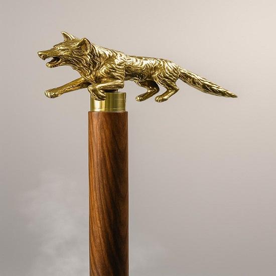 Handmade Wooden Cane Brass Fox Head Handle Walking Stick  Brown Style Cane