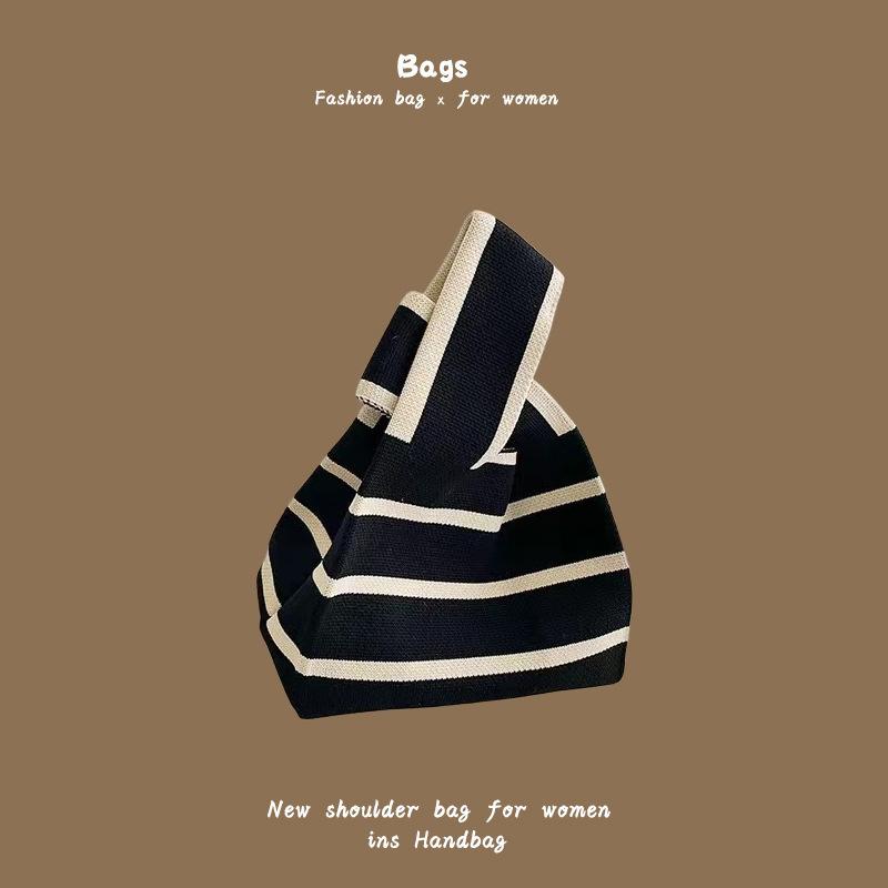 Ins Trendy Handbag Women'S Knitted Wool Bucket Bag Hand Carry Casual Tote Bag Box Lunch Bag