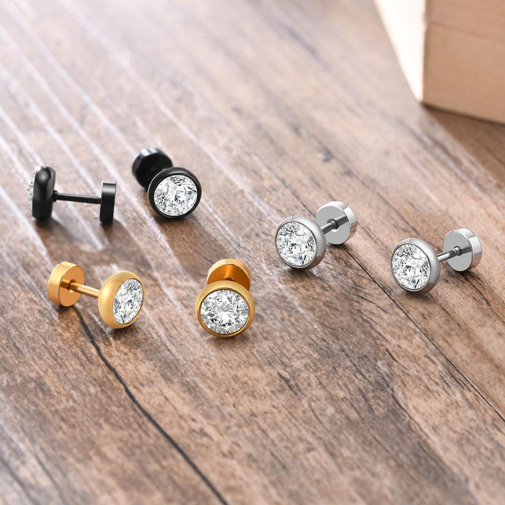 Round CZ Stud Earrings, Screw back Cz Studs, Sleeper Cz Studs, Unisex Jewelry