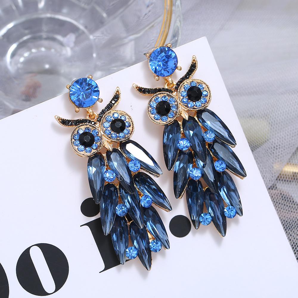 Glass Rhinestone Owl Long Earrings Retro Fashion Exaggerated Earrings