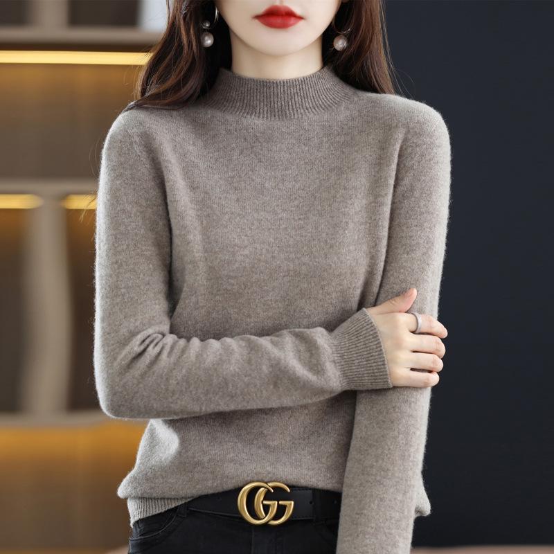 Women's Cashmere Knit Sweater - 2023 Autumn/Winter, Half-High Neck, Slimming Fit, Solid Color Pullover