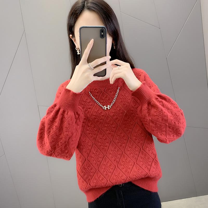 Podzimní svetr Dámský svetr s kulatým výstřihem Nové volné podzimní a zimní úplety Jednobarevný svetr s dlouhým rukávem Dámský top