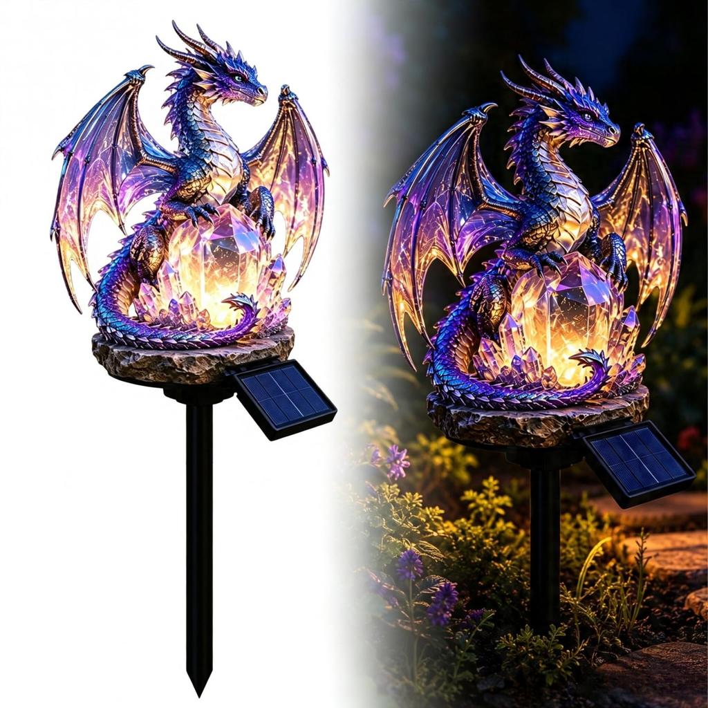 Solar Dragon Statue Light 6.3in Gothic Garden Decor Resin Solar Powered for Patio Walkway Halloween Warm Glow Medieval
