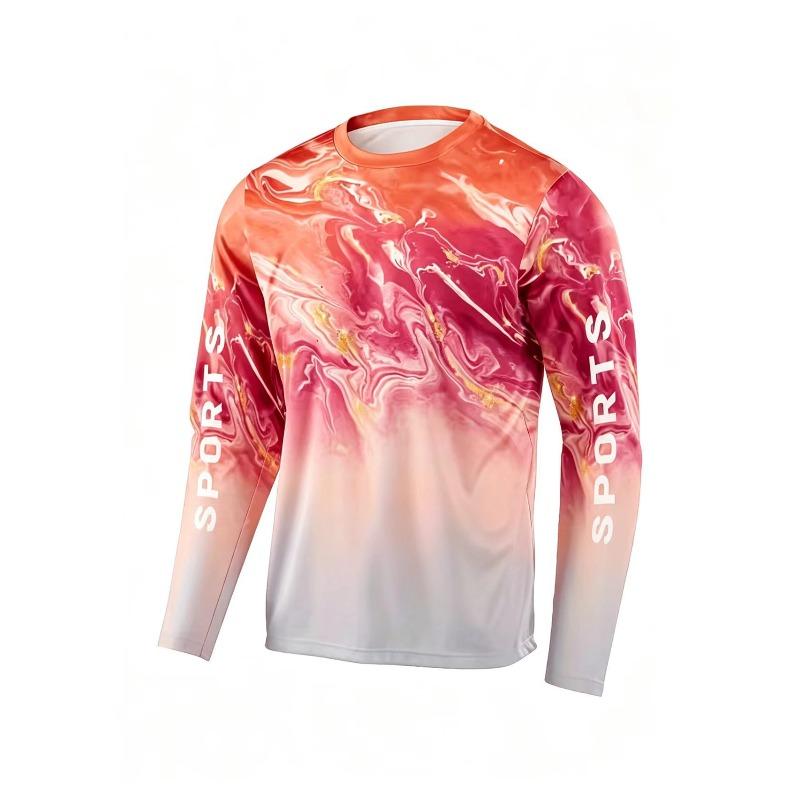 Autumn and Winter Men's Gradual Change of Color 3D Printed Round Neck Long Sleeve T-shirt L red