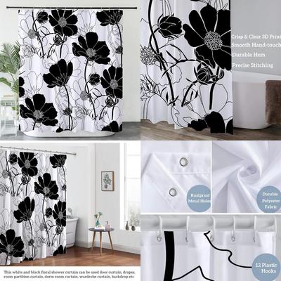 Black And White Shower Curtain Floral Aesthetic Shower Curtain For Bathroom Flower Waterproof Fabric Shower Curtain With Hooks 7