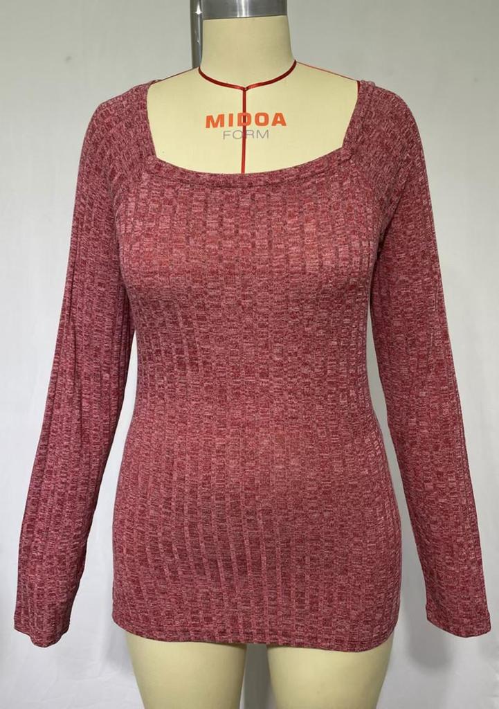 2024 European & American Square Neck Ribbed Long Sleeve T-Shirt