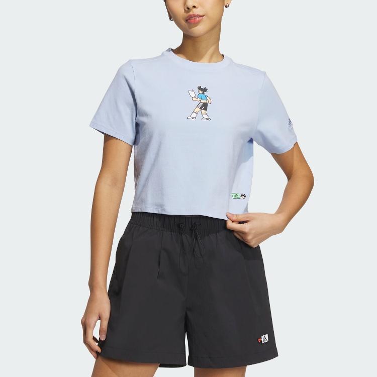 Adidas Graphic Tee Logo Embroidered Letter Print Crop Top Women Tops Light-Pink Blue HY2819
