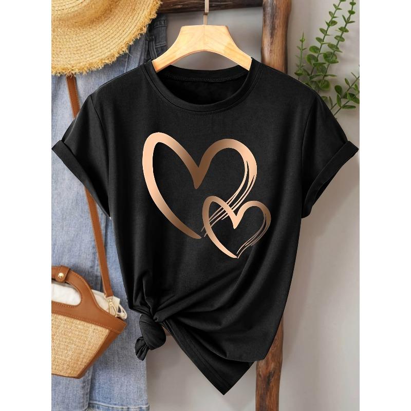 European sizes Women's Casual Short Sleeve T-Shirt - Double Heart Print Retro Style, Soft Stretch Fabric, Round Neck, Machine Washable
