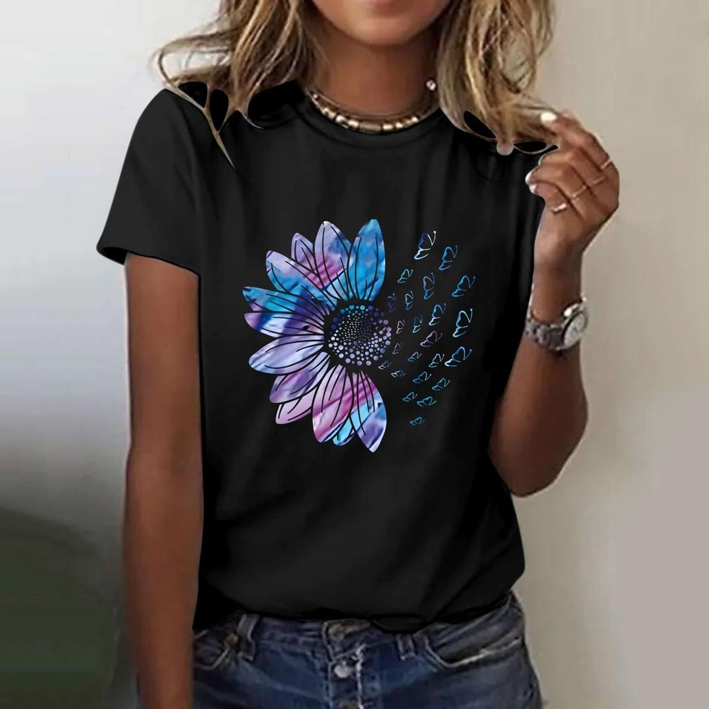 Women's Casual Floral Print Short Sleeved T-shirt With Round Neck  Top