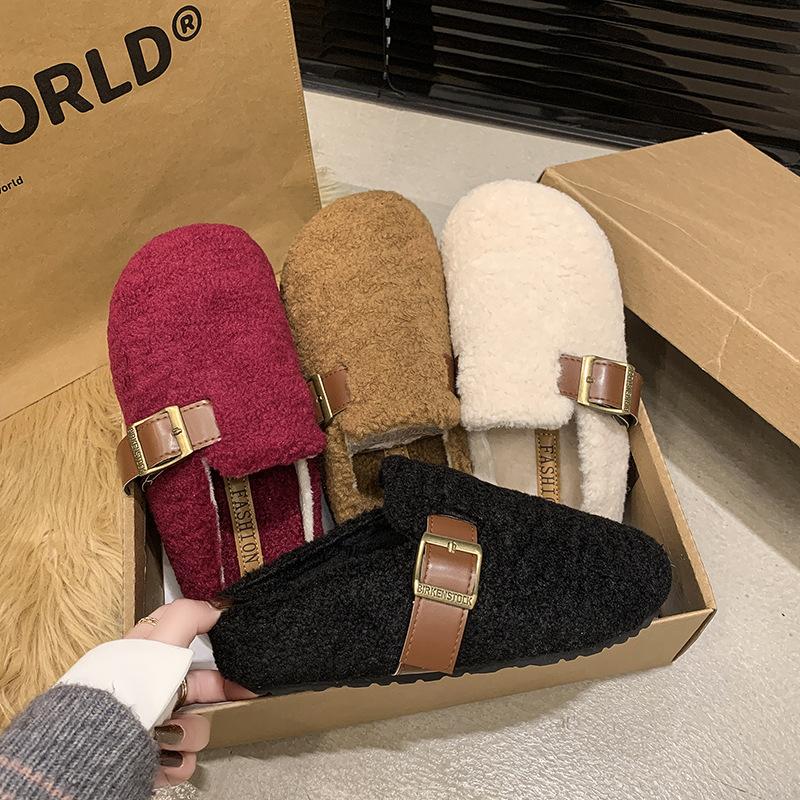 Thick-bottomed bag head, velvet warm half slippers, women's 2025 autumn new Korean version, one-pedal casual outer cotton slippers