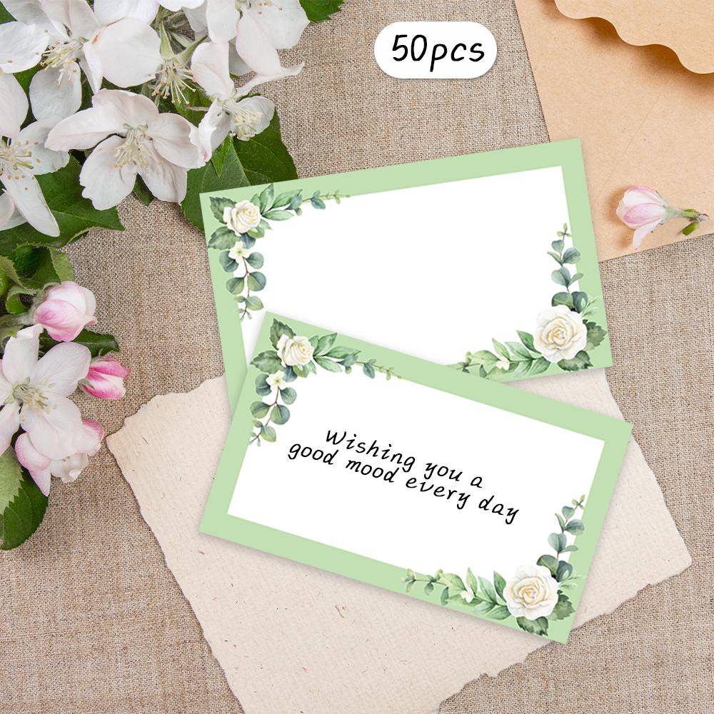 50pcs, green flower blank message cards, pocket cards, business cards, blank greeting cards, small business supplies, gift tags