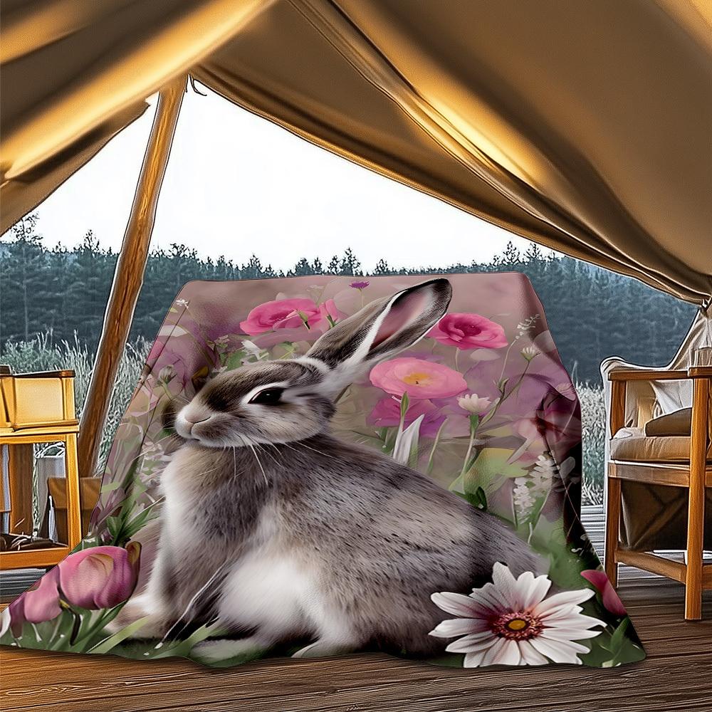 1pc Rabbit Flowers Outdoor Blanket - Soft Flannel Cozy for Travel & Camping - All-Season Warm Bed Cover, Machine Washable yy251229079