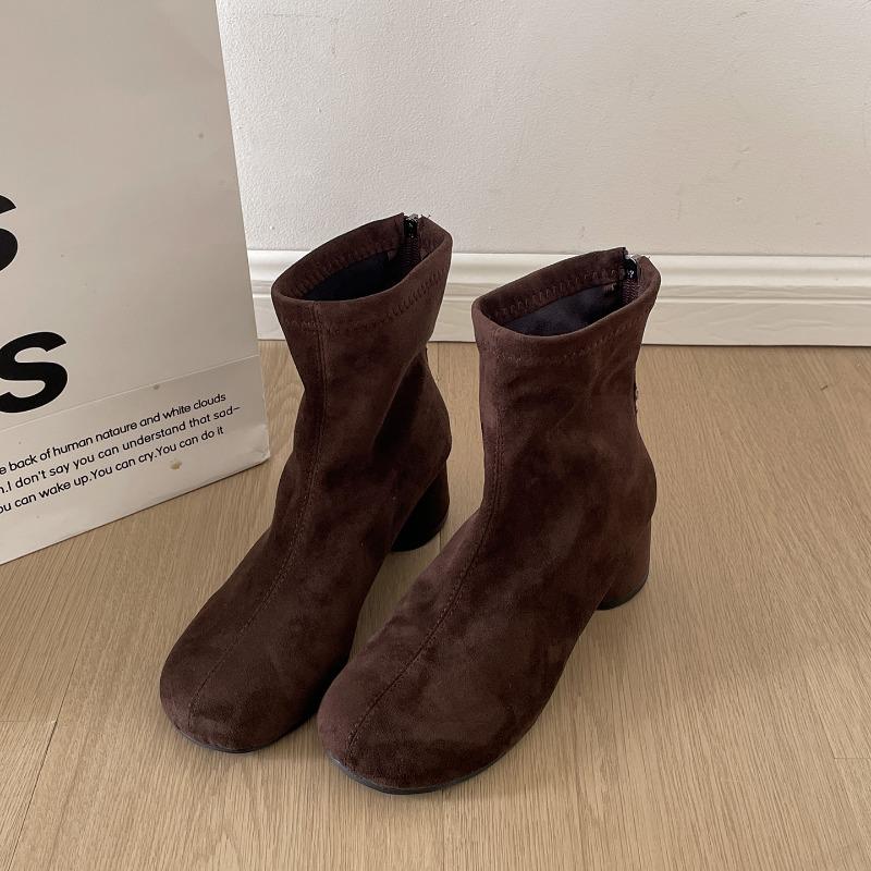 Vintage Stretch Slim Women Ankle Boots Fashion Pointed Toe Thick Heel Shoes Street Style Banquet Party Short Botas Mujer