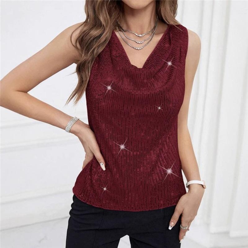 Trendy European And American Sexy V Neck Strapless Sequin Loose Short Pullover Top Women Tank Top Stylish Blouse