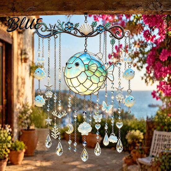 Coastal Balcony Decoration Ocean-Themed Crystal Wind Chime Stained Acrylic Jellyfish Seahorse Pufferfish Hanging Suncatcher Marine Ornaments