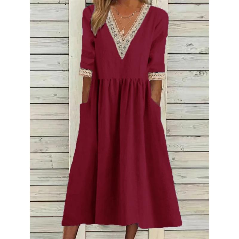Mote V-hals Stor Størrelse Kort Erm Sommerkjole Kvinner Elegant Løs Kontor Casual A-linje Selskapsblonderkjoler Ensfarget Dame Plissert Hul Bekledning