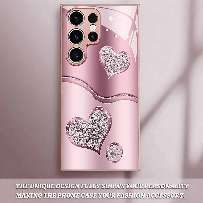 Curved Double Heart-shaped Glass Phone Case Suitable for Samsung GalaxyS26 S25 S24 S23 S22 S20FE Ultra Plus Anti Fall Back Cover