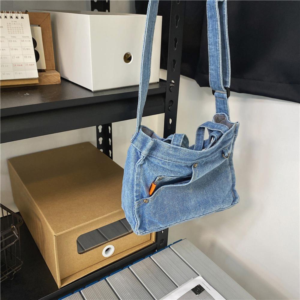 

Large Capacity Canvas Tote Bag Simple Cloth Shoulder Bag Leisure Denim Crossbody Bag Boys синий