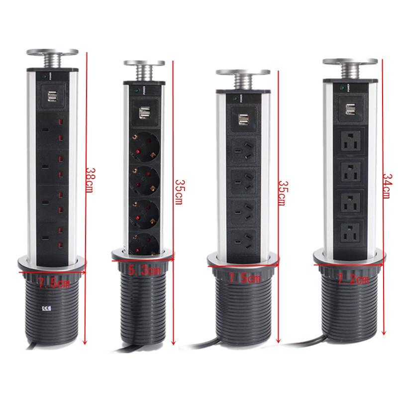 2500W US/UK/EU/AU Plug Pull Pop Up Electrical Socket 4 Power 2 Charge USB Aluminum Shelf LED Desk Worktop Extension Table Office