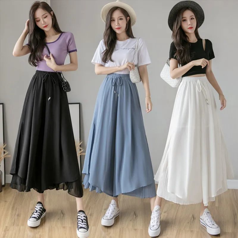 Damen Chiffon Weitbein Hose Koreanische Version Hose Damen Locker Schwarz High Waist Weitbein Hose