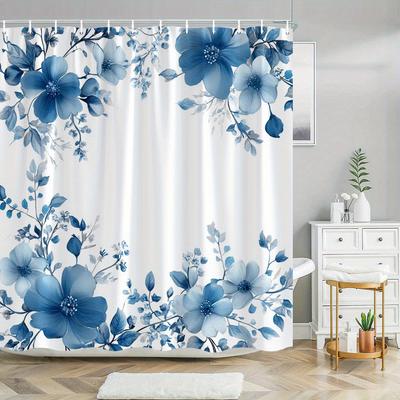 1 Stück Eleganter blau-weißer Blumenduschvorhang, verziert mit zarten Aquarellblumen, Polyesterstoff, maschinenwaschbar