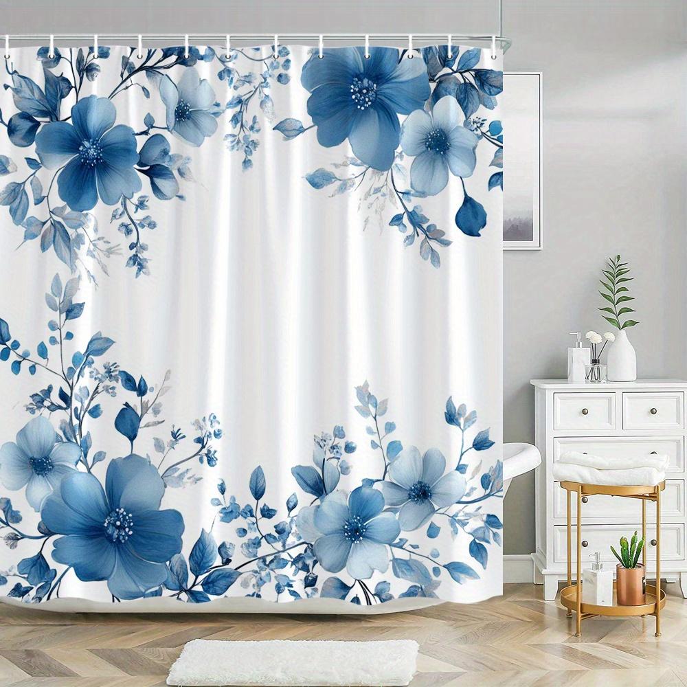 

1pc Elegant blue and white floral shower curtain, decorated with delicate watercolor flowers, polyester fabric, machine washable 90X180cm
