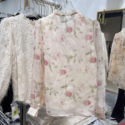 French Style Fashion Sping Summer New Chiffon Shirts Women Stand Collar Printing Bow Lacing Puff Sleeve Temperament Loose Tops