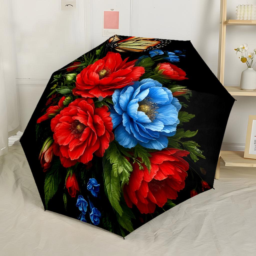 Floral Harmony In Red Automatic Umbrella Folding Umbrella with 8 Ribs Sturdy Construction Travel Essential Compact Folding Umbrella