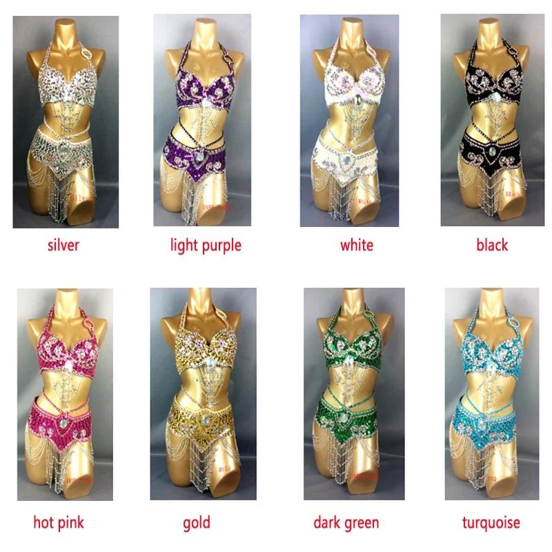 Hot Selling Women Beaded Sequins Belly Dancing Suite Belt+Bra Samba Costumes Club USA Bra Size 34B,36B,38B,40B,34D,36D,38D,40D