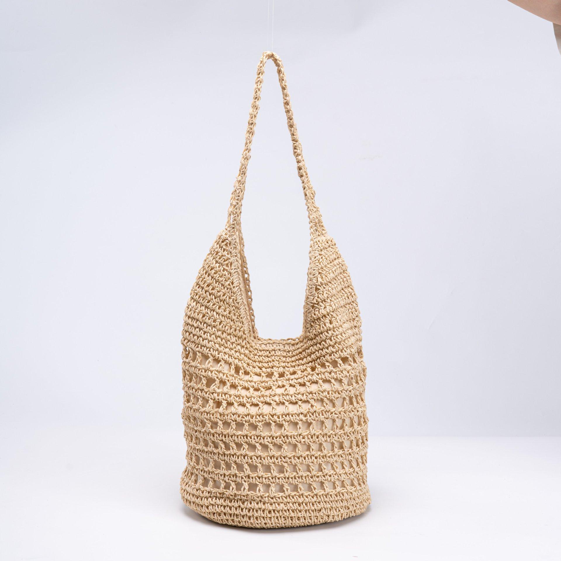 Customized paper rope straw woven bag, high-end hand-woven bag, large-capacity seaside vacation shoulder bucket tote bag Magnetic buckle