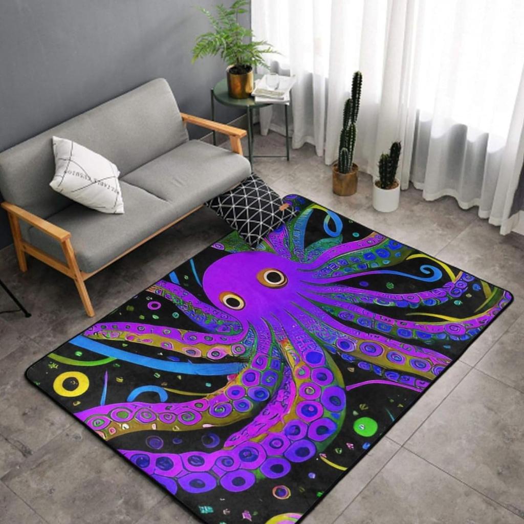 Sea Octopus Underwater World Watercolor Octopus Print Large Rug Modern Art Ocean Animals Decor Floor Mat Non-Slip Indoor Carpet