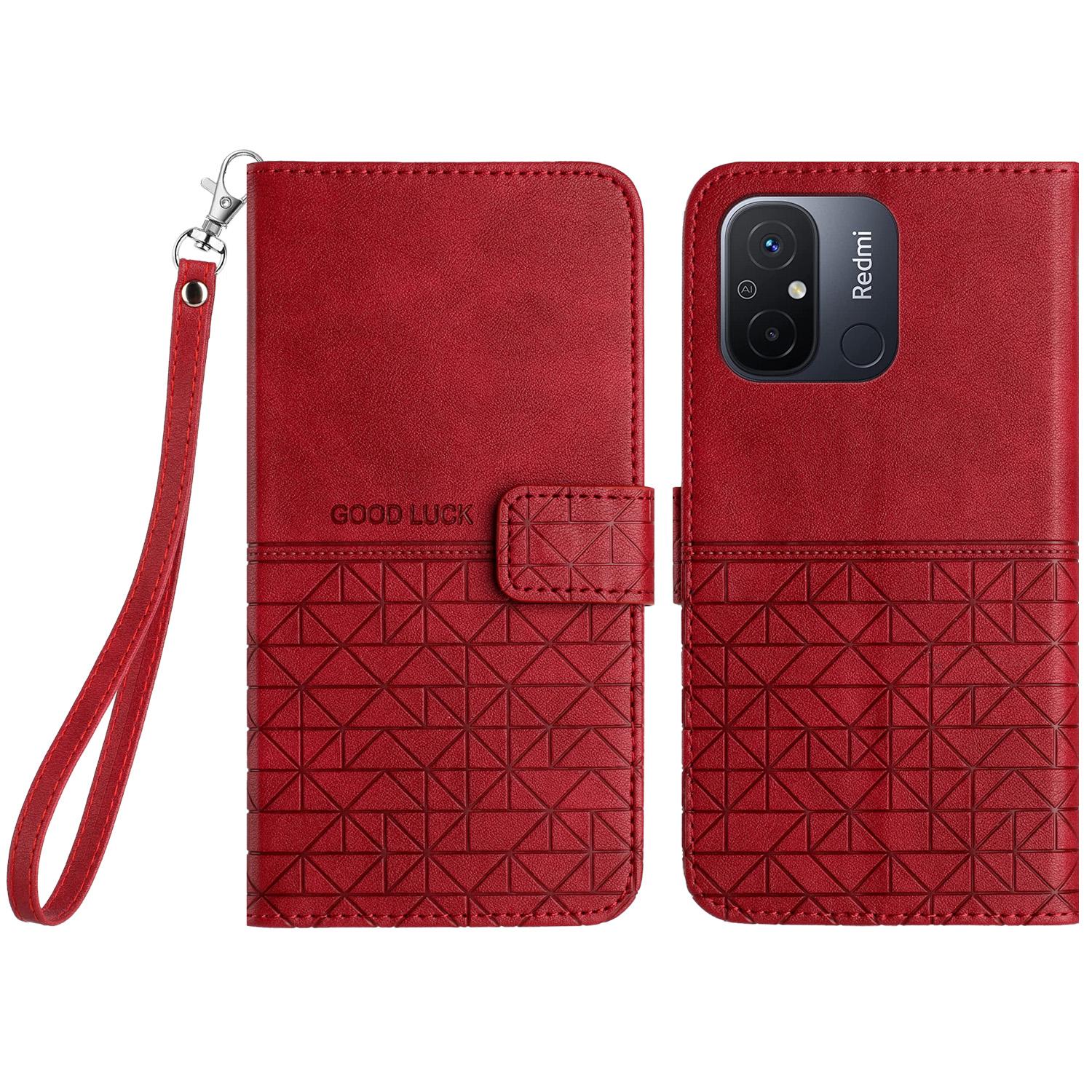 

Microfiber Leather Phone Cover for Xiaomi Redmi 12C 4G,Stand Wallet Geometric Imprinted Case Red
