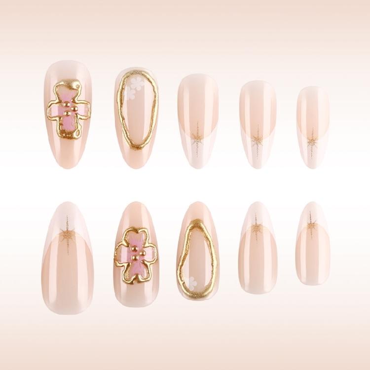 24pcs Press On Nail Almond False Nail With 3D Flowers Designs Glossy Artificial Full Cover Stick On Nail for Women