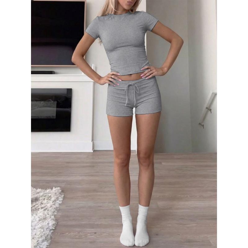 Women Solid Short Sleeve Round Neck T Shirt And Shorts Casual Two Piece Set