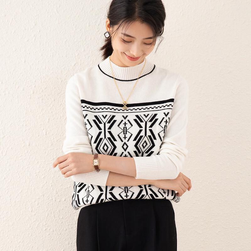 TUHUANG Women's Color Block Jacquard Mock Neck Cashmere Blend Sweater