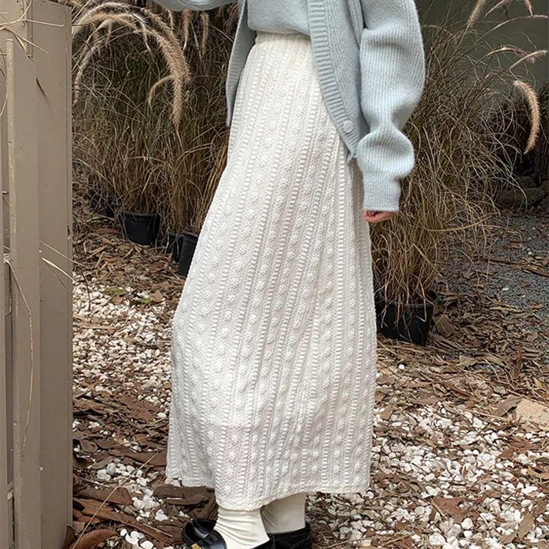 Autumn Winter Women's Jacquard Lace Midi Skirt Tea Outfit Style Elegant French A-Line White Skirt