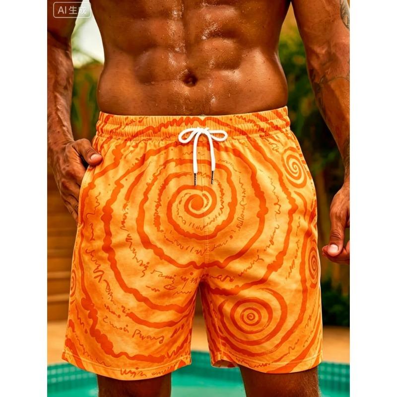 Men's Graffiti Line Printed Beach Shorts, Drawstring Quick Drying Beach Shorts, Suitable for Beach, Surfing, and Summer Wear